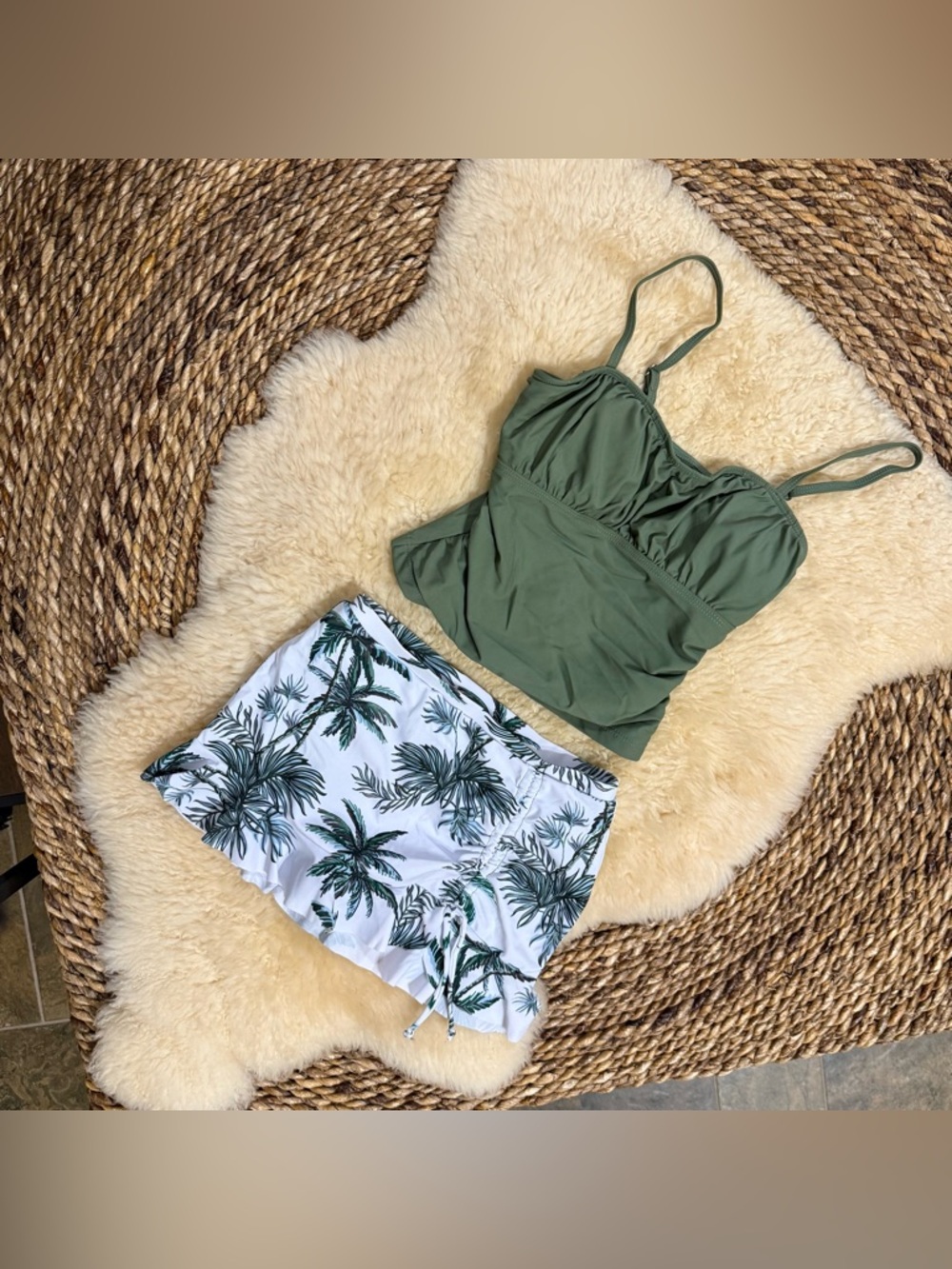 Kids Olive Green Tankini Top with Palm-Print Swim Skort